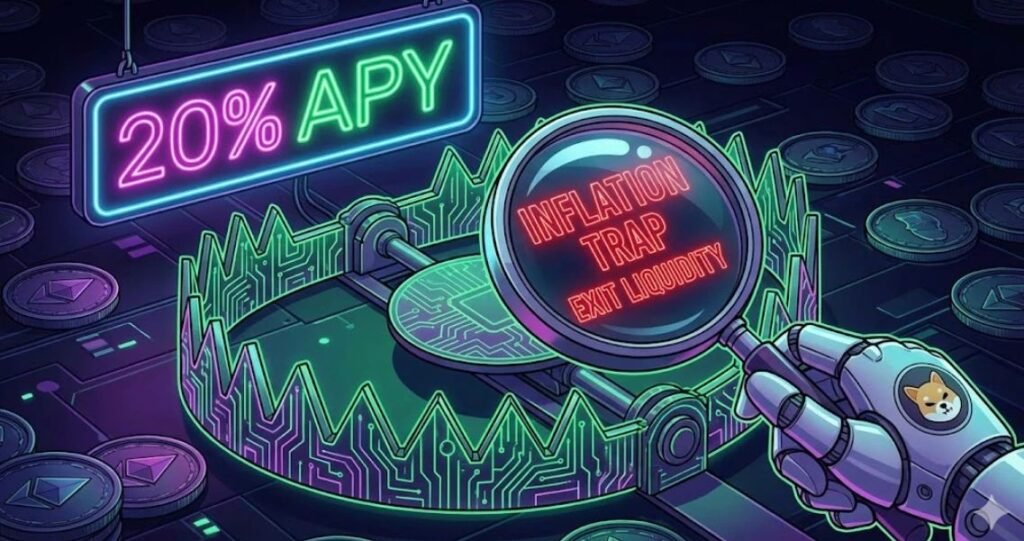 20% crypto APY inflation trap illustration showing high yield risk and exit liquidity warning