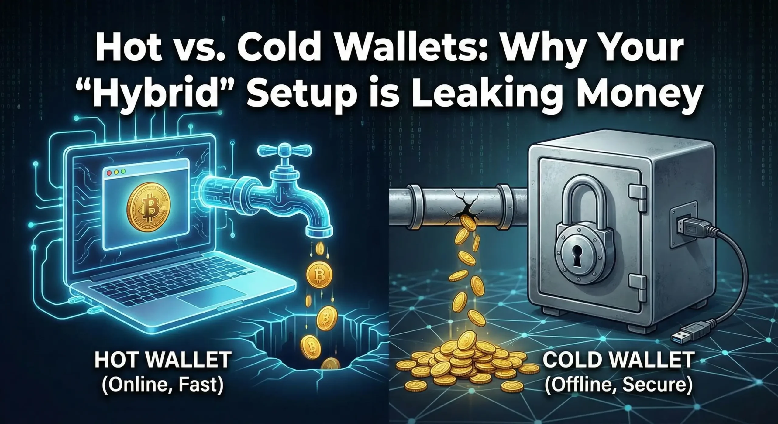 Hot vs. Cold Wallets: Why Your 'Hybrid' Setup is Leaking Money 6 A side-by-side comparison graphic showing a Hot Wallet (laptop) leaking gold crypto coins versus a s
