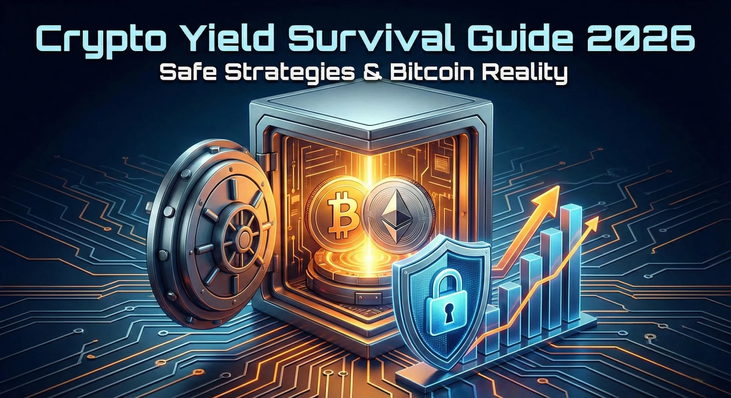 How to Earn Yield on Bitcoin & Crypto in 2026: A Survival Guide 1 Digital safe containing Bitcoin and Ethereum coins with a shield and upward chart, illustrating safe