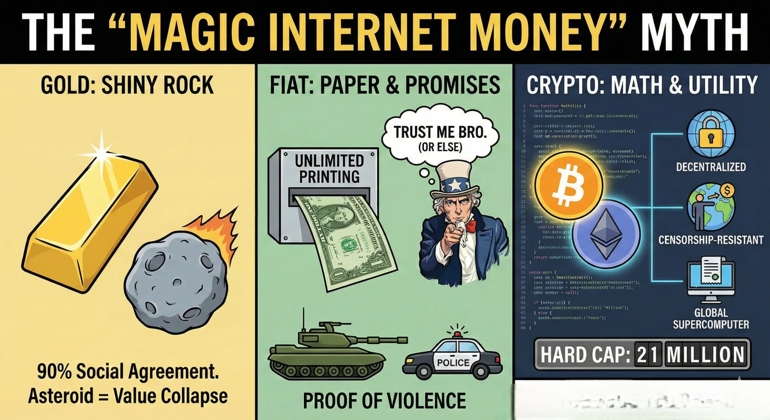 Comparison infographic titled 'The Magic Internet Money Myth' contrasting the intrinsic value of Gol