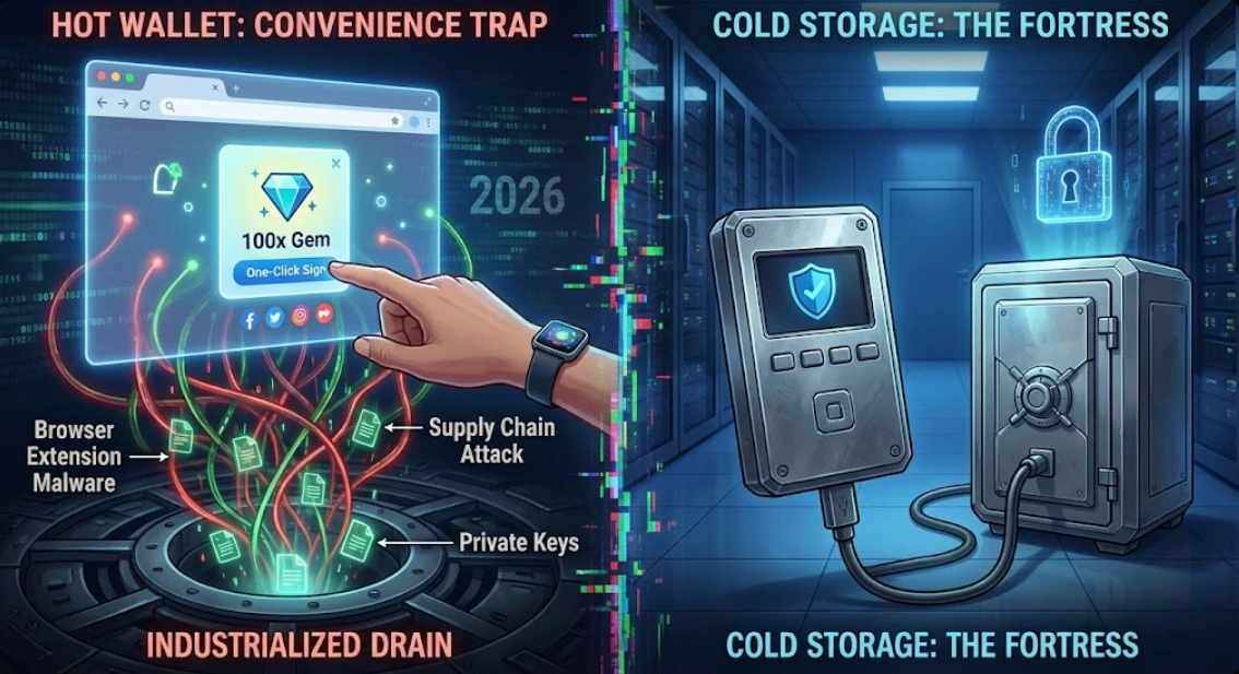 Hot vs. Cold Wallets: Why Your 'Hybrid' Setup is Leaking Money 4 Split-screen illustration comparing Hot Wallet risks vs. Cold Storage security. Left side: A 'Conven