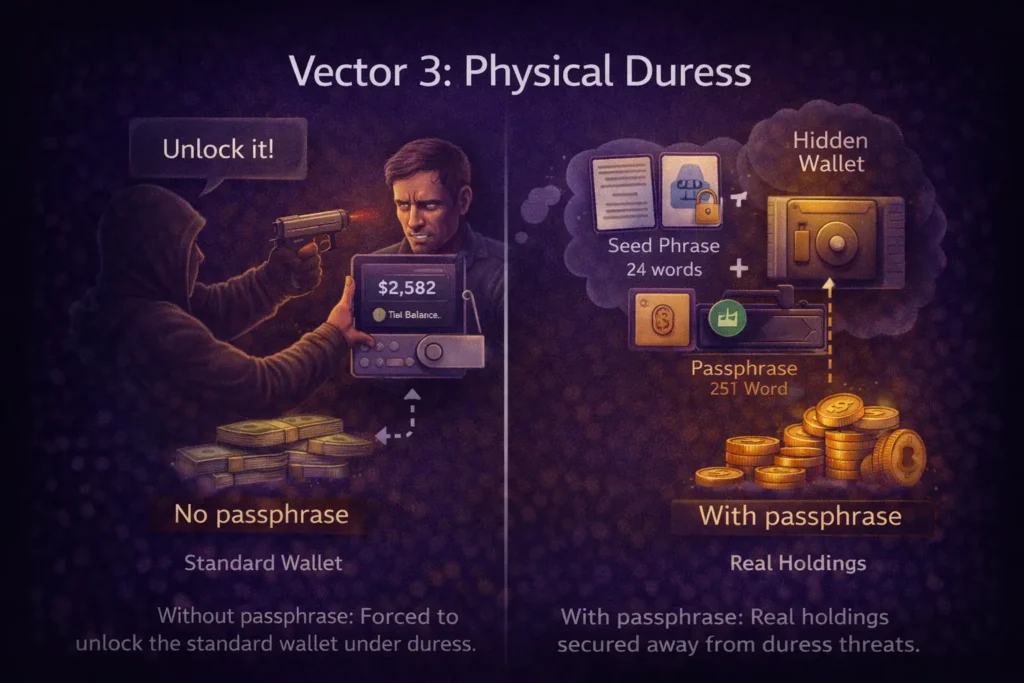 Illustration showing physical duress attack on a hardware wallet, with a masked attacker forcing the victim to unlock the device and revealing a standard wallet balance, while a hidden wallet remains secured with a passphrase.