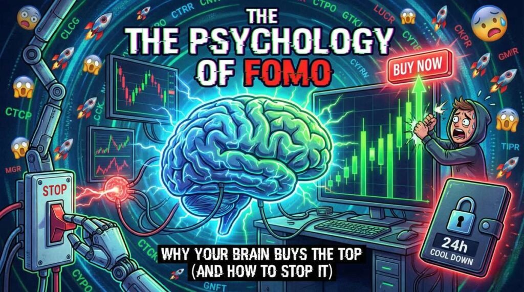 the psychology of FOMO in cryptocurrency trading with price charts and a “buy now” signal.
