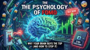 the psychology of FOMO in cryptocurrency trading with price charts and a “buy now” signal.