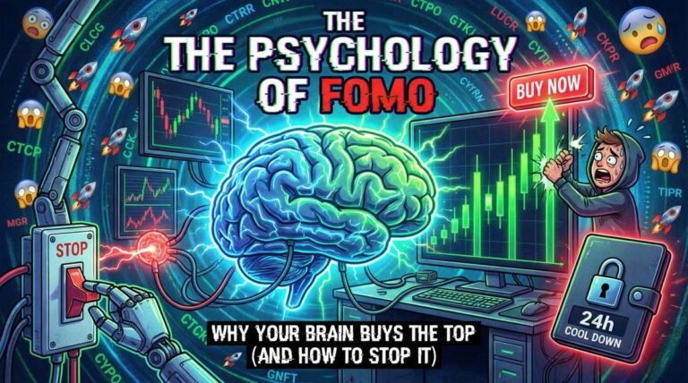 the psychology of FOMO in cryptocurrency trading with price charts and a “buy now” signal.