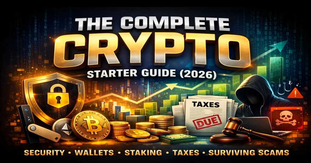 Complete Crypto Starter Guide 2026 covering wallets, staking, taxes and scam protection