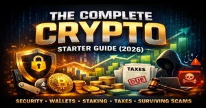 Complete Crypto Starter Guide 2026 covering wallets, staking, taxes and scam protection