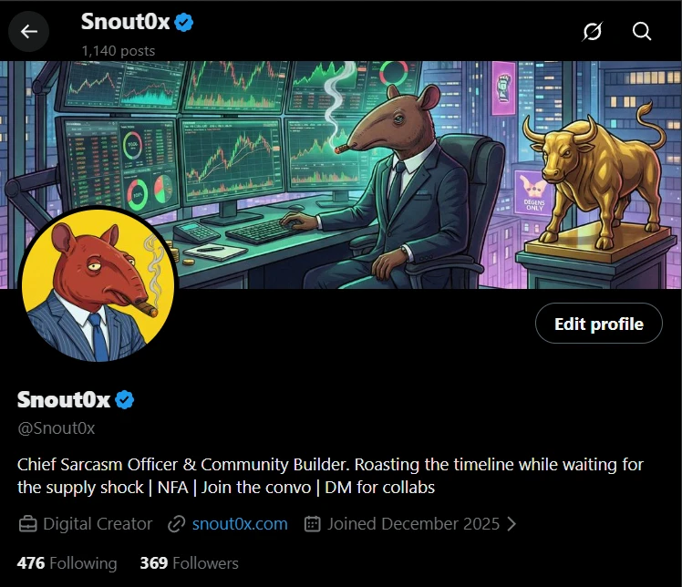 How to Earn Yield on Bitcoin & Crypto in 2026: A Survival Guide 7 Snout0x official X (Twitter) profile bio featuring the 'Chief Sarcasm Officer' persona, crypto tradi