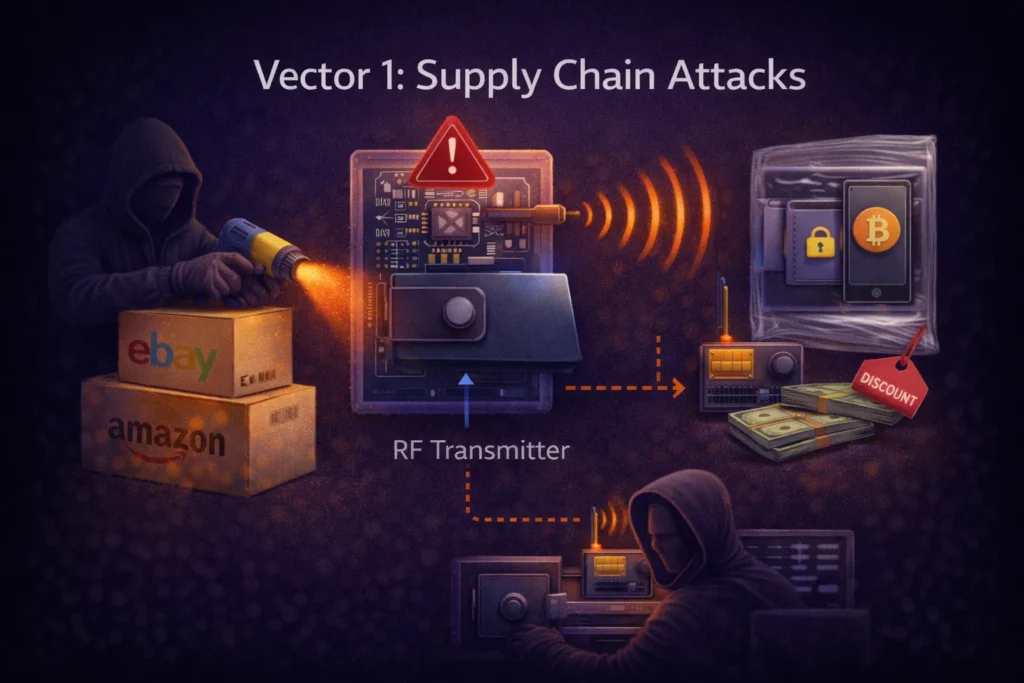 Supply chain attack on a hardware wallet infographic showing a hacker tampering with packages, inserting an RF transmitter into the wallet, and reselling it at a discount.