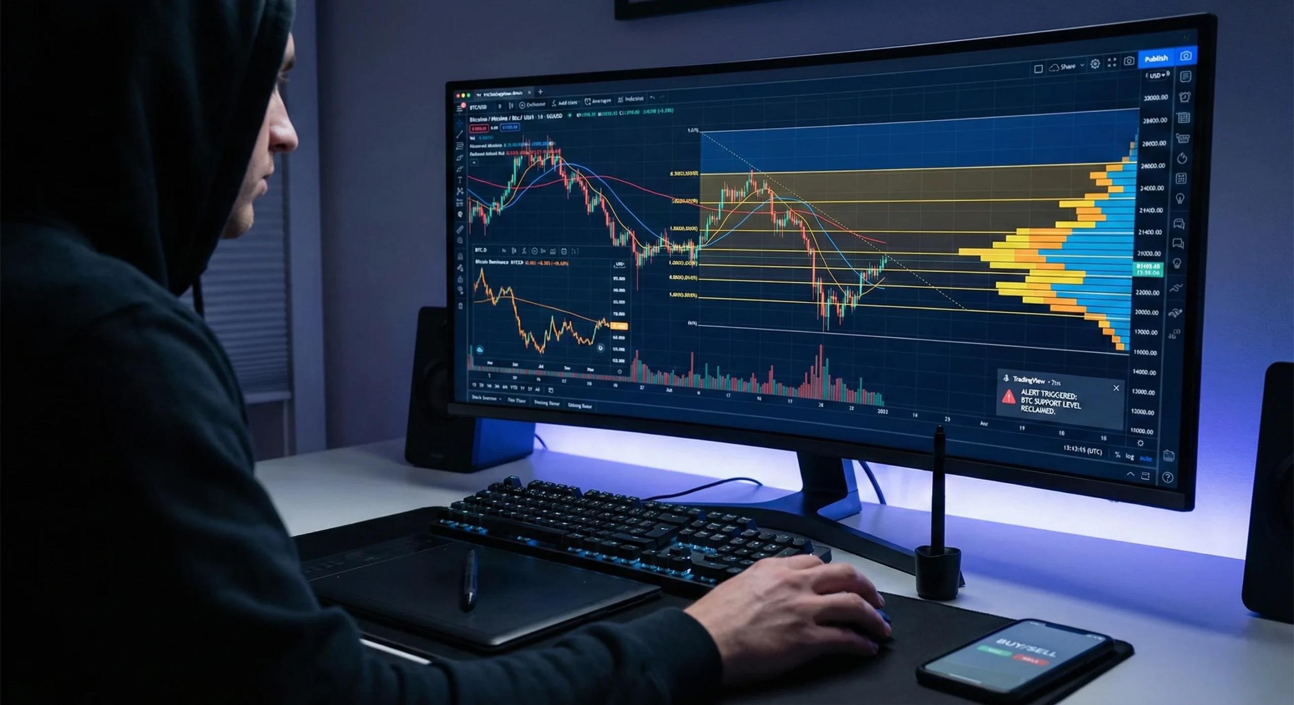 Crypto trader sitting at a desk using advanced TradingView technical analysis charts with VPVR and F
