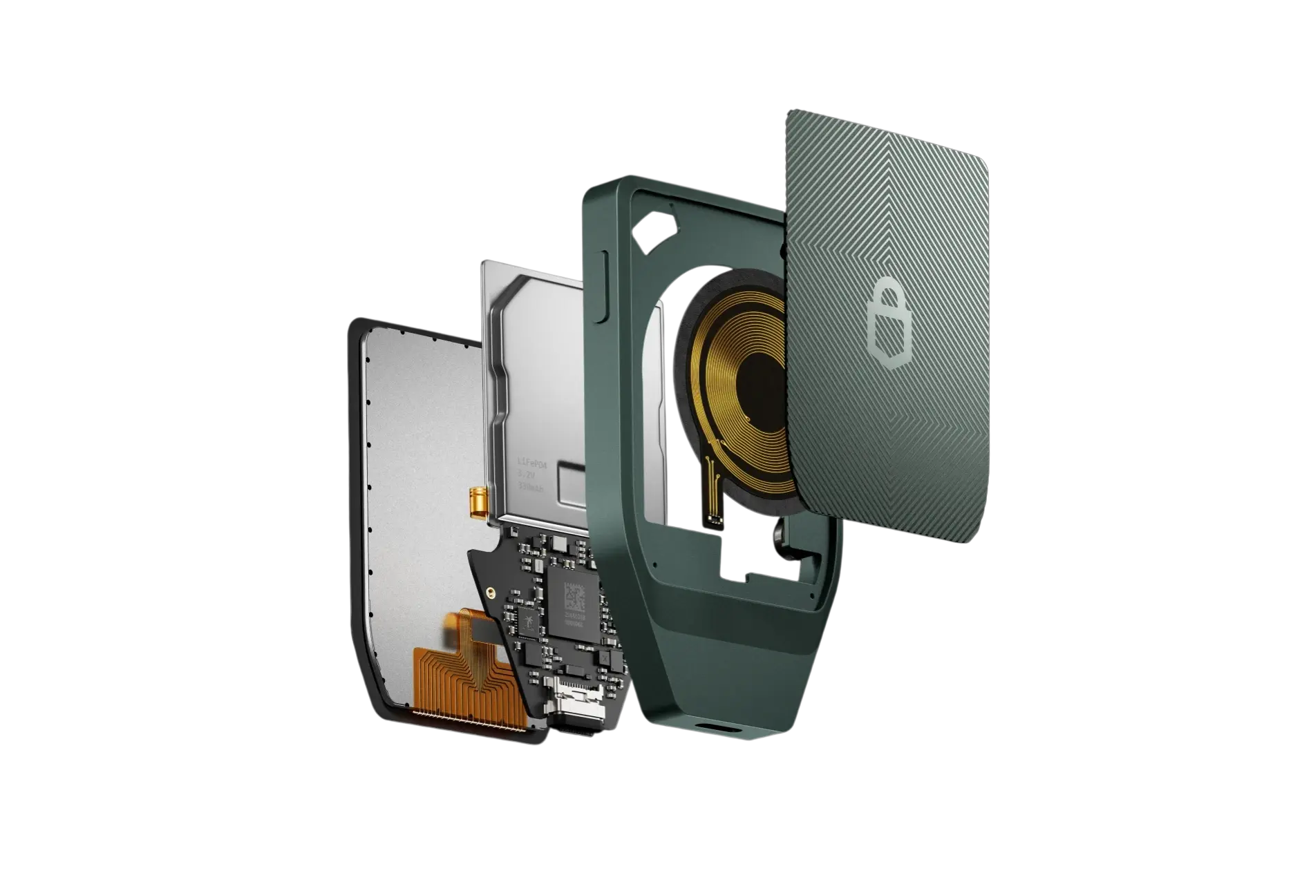 Trezor Safe 7 Review (2026): The New King of Cold Storage? 1 Exploded view of Trezor Safe 7 hardware components showing LiFePO4 battery, Qi2 wireless charging co