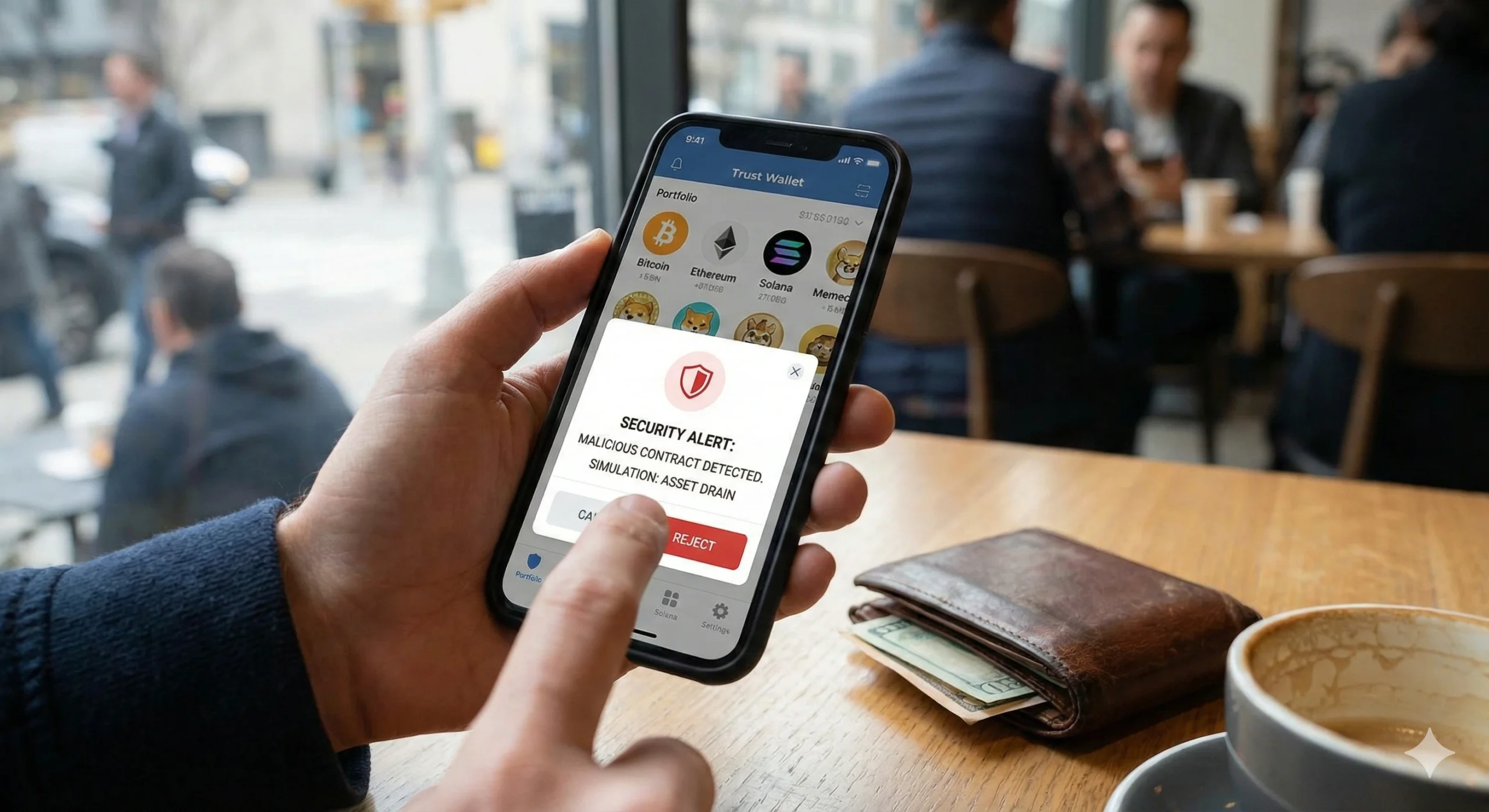 Trust Wallet mobile app displaying a 'Malicious Contract Detected' security alert, preventing a user