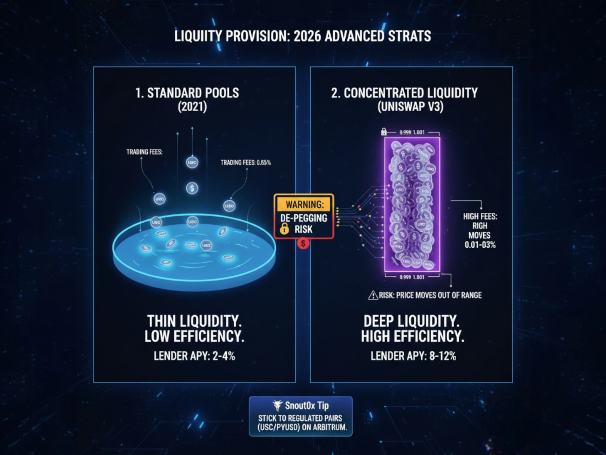 Stablecoin Passive Income 2026: The Realistic Guide to 5-10% Yields 4 Comparison of 2021 standard liquidity pools versus 2026 concentrated liquidity strategies on Uniswap