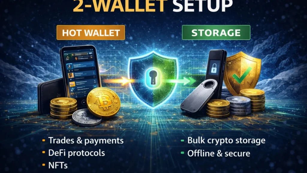 Infographic explaining 2-wallet setup in crypto showing hot wallet for active use and cold wallet for secure offline storage
