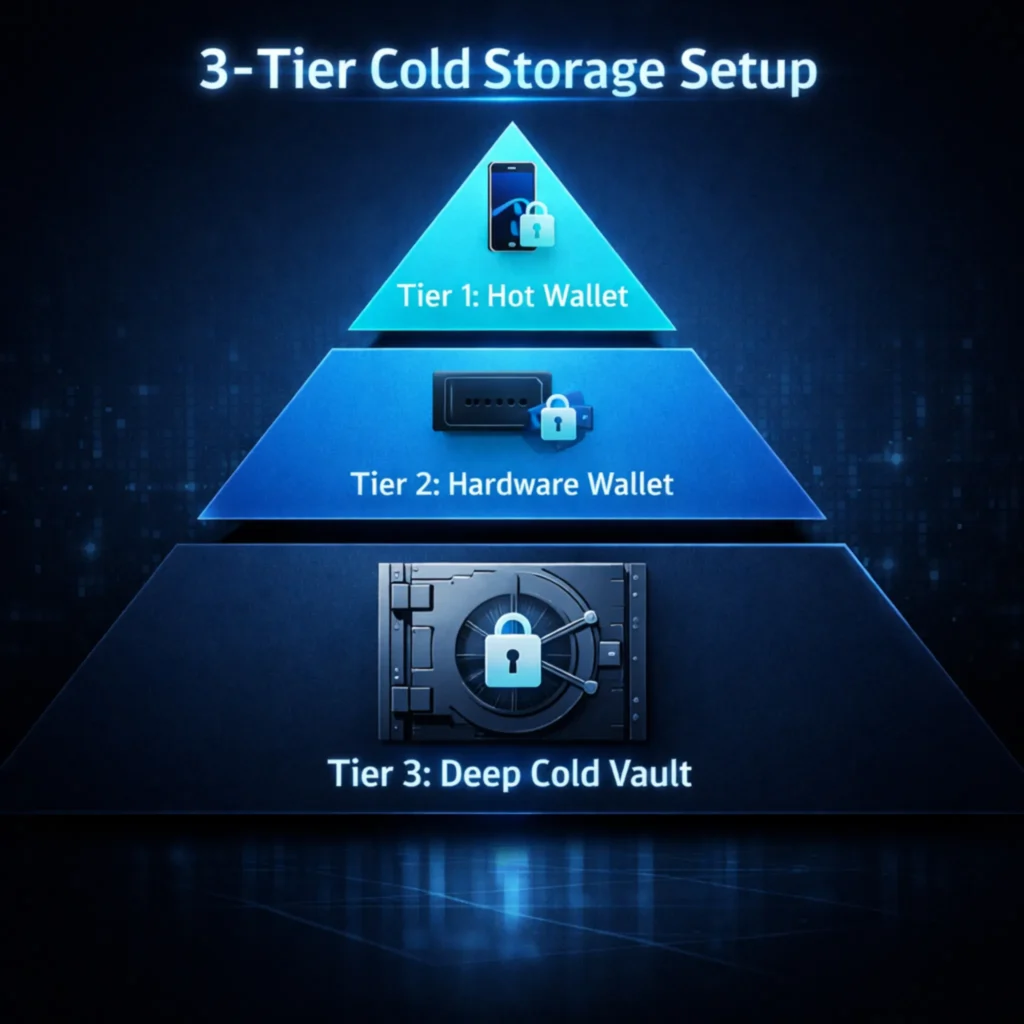 3-Tier Crypto Cold Storage Setup Explained 2 3-tier cold storage setup diagram showing hot wallet, hardware wallet, and deep cold vault layers in crypto security model