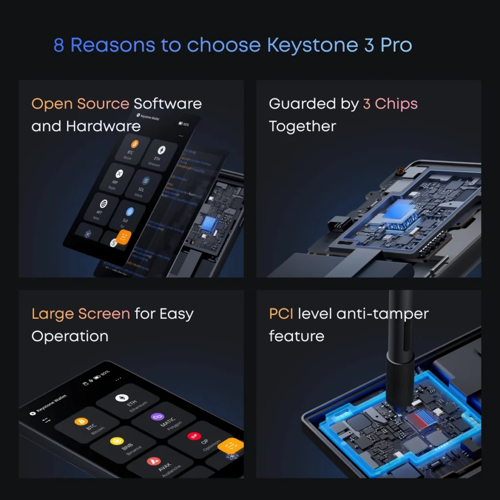 Keystone 3 Pro hardware wallet features including open source design, air-gapped security, large touchscreen, and anti-tamper protection