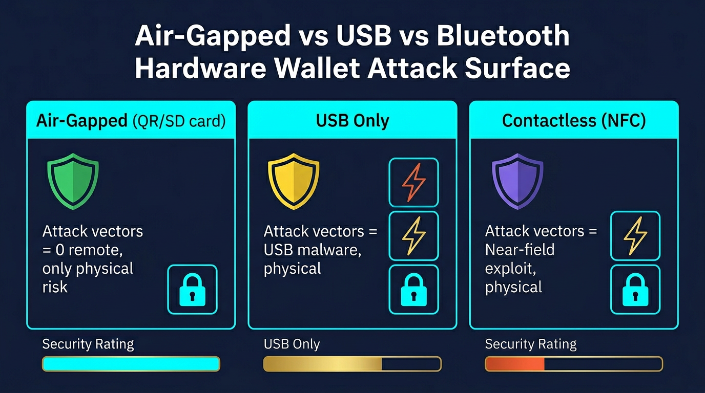 three column comparison showing air gapped hardware wallet with zero remote attack vectors versus USB only wallet with USB malware risk versus bluetooth enabled wallet with highest attack surface