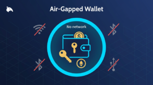 branded illustration of an air-gapped wallet isolated from the internet with navy background and cyan security boundary
