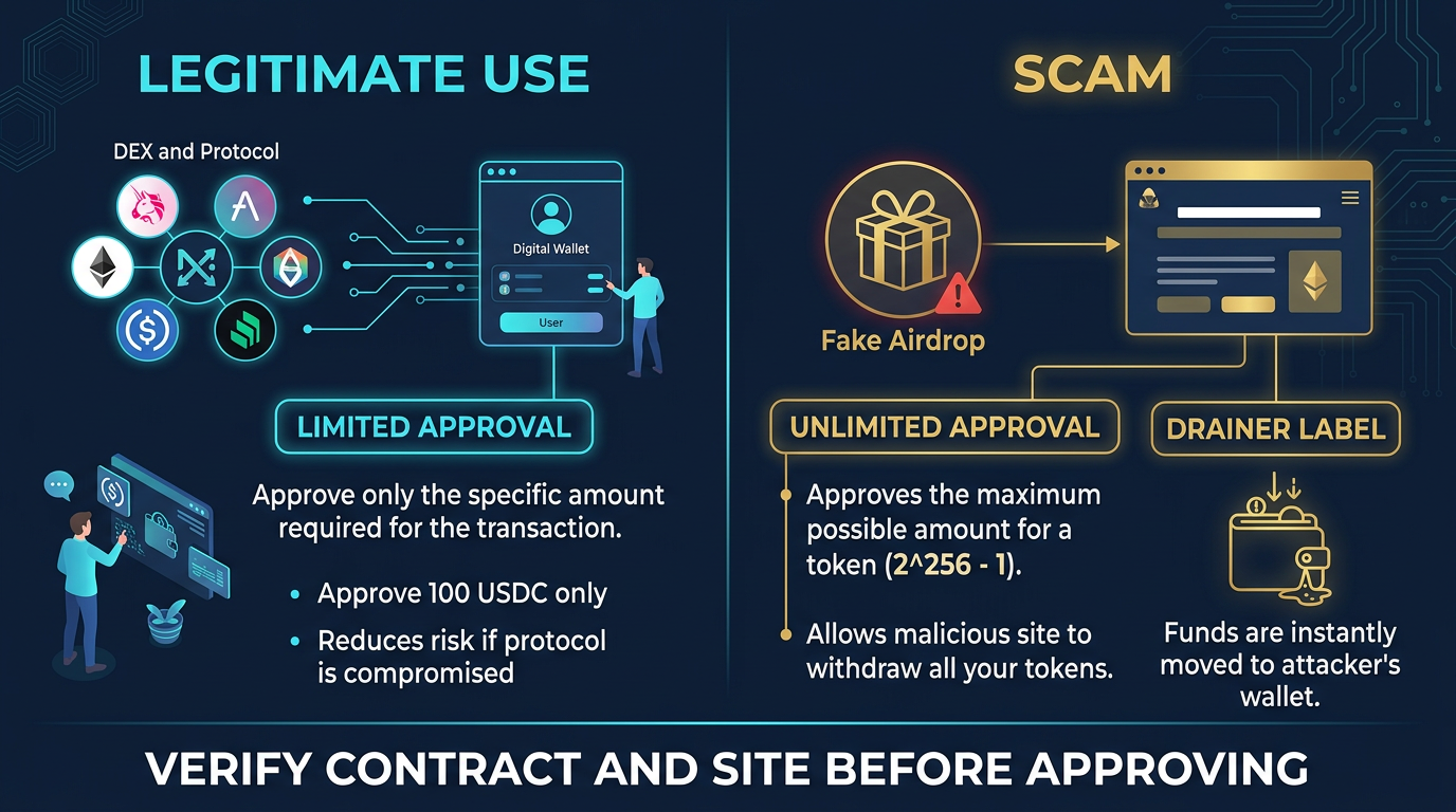 approval scam flow: fake site or airdrop leads to signing approve then drainer contract pulls tokens