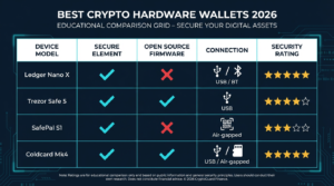 comparison grid table of best crypto hardware wallets in 2026 including Ledger Nano X Trezor Safe 5 SafePal S1 and Coldcard Mk4 rated by secure element open source firmware connection type and security rating
