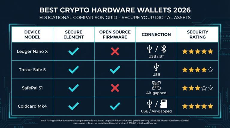 comparison grid table of best crypto hardware wallets in 2026 including Ledger Nano X Trezor Safe 5 SafePal S1 and Coldcard Mk4 rated by secure element open source firmware connection type and security rating