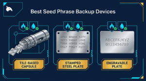 comparison of top seed phrase backup devices on a navy blue fintech background