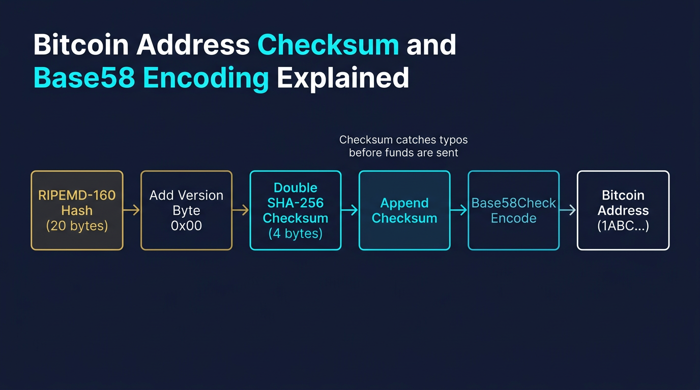 step by step flow diagram showing Bitcoin address generation from RIPEMD-160 hash through version byte addition double SHA-256 checksum append and Base58Check encoding to final Bitcoin address