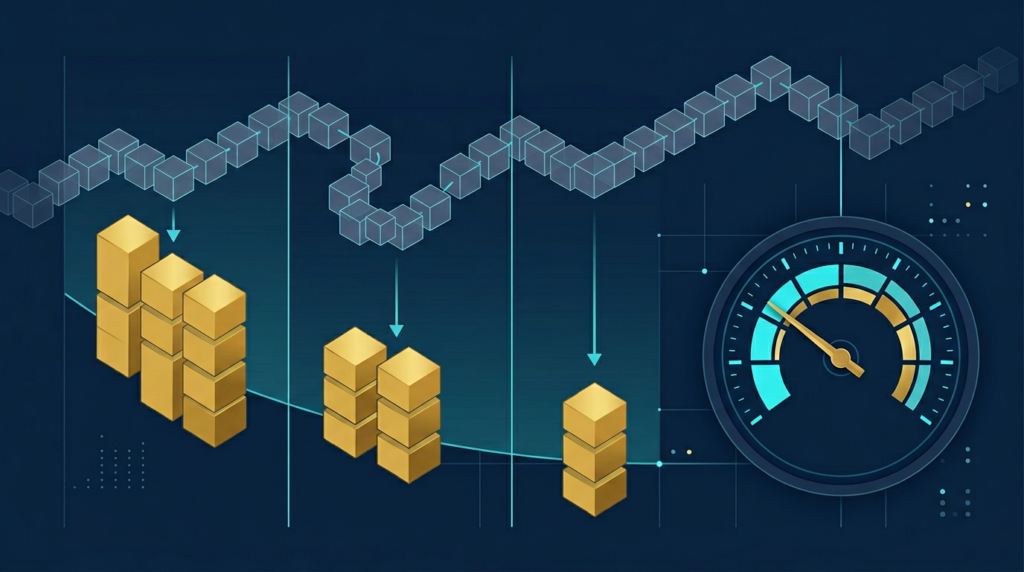 Bitcoin Halving Explained: What Changes and Why 1 illustration showing Bitcoin block rewards being cut in half over time while miners continue securing the network