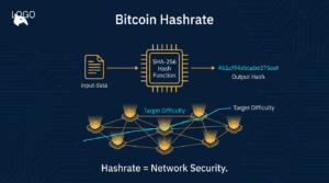 fintech illustration of Bitcoin hashrate as network security measurement on a navy background with mining elements