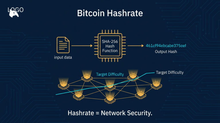 fintech illustration of Bitcoin hashrate as network security measurement on a navy background with mining elements