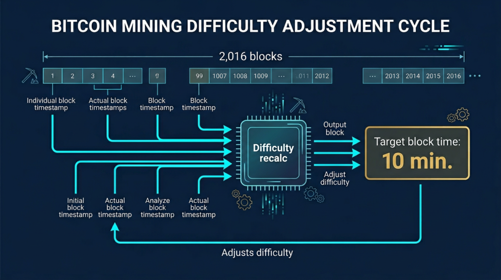 Bitcoin Mining Difficulty: How the Adjustment Works 1 fintech diagram of Bitcoin mining difficulty adjustment cycle and block time stability on navy background