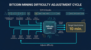 fintech diagram of Bitcoin mining difficulty adjustment cycle and block time stability on navy background