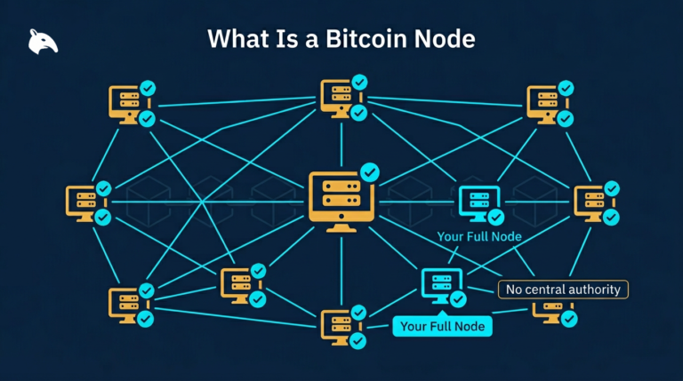 illustration of a Bitcoin full node connected to the peer-to-peer network on a navy fintech background