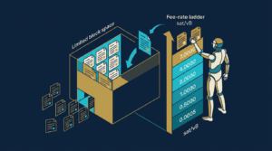 illustration showing Bitcoin transactions competing by fee rate for limited block space in the mempool