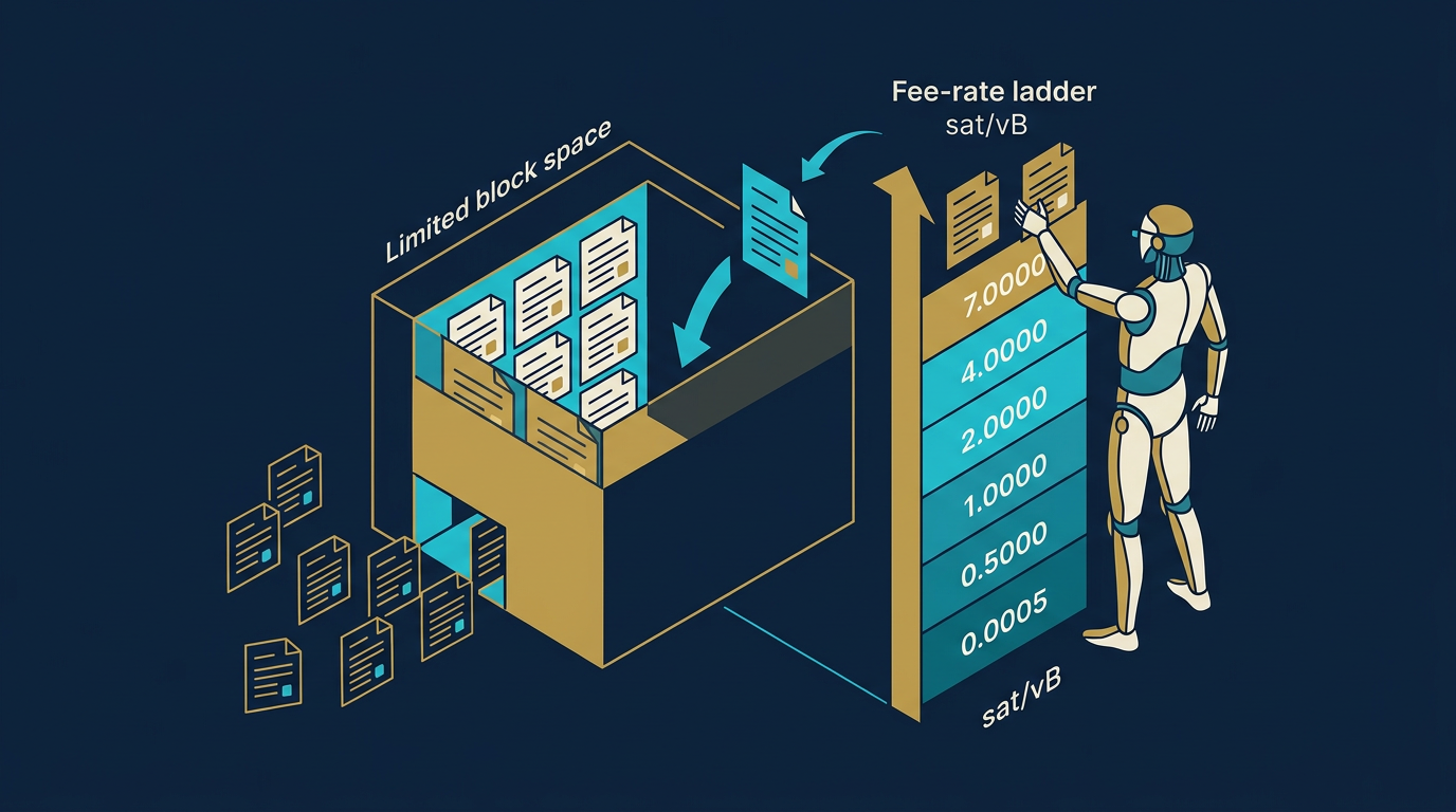 illustration showing Bitcoin transactions competing by fee rate for limited block space in the mempool