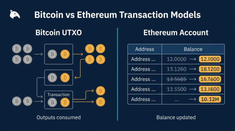 side-by-side comparison of Bitcoin UTXO and Ethereum account transaction models on a navy fintech background