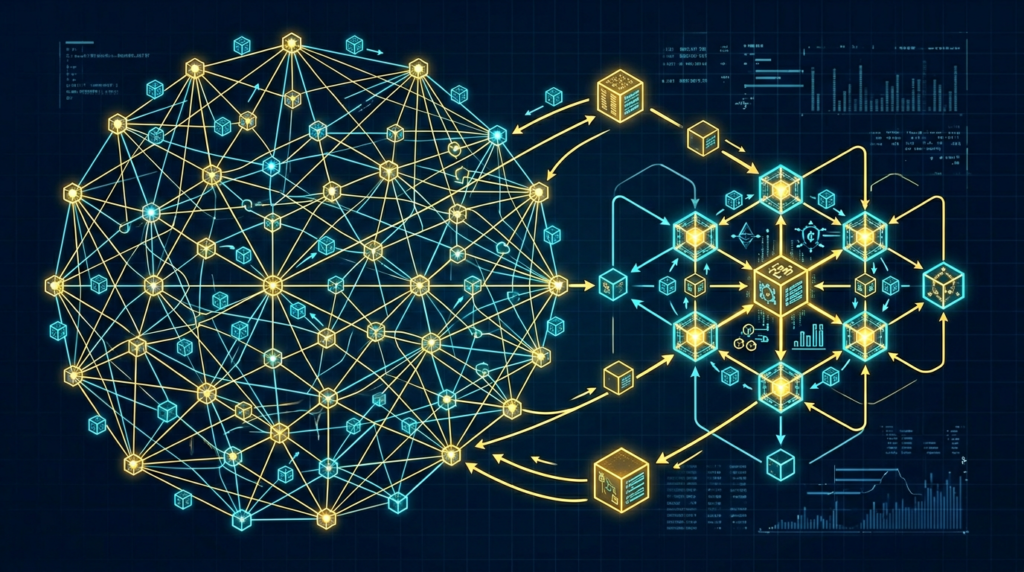 What Is a Blockchain Node Network? How It Works 1 illustration showing a distributed node network relaying transactions and validating blocks across many connected machines
