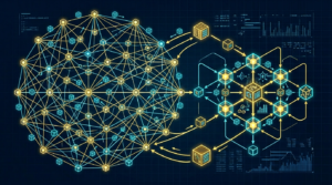 illustration showing a distributed node network relaying transactions and validating blocks across many connected machines