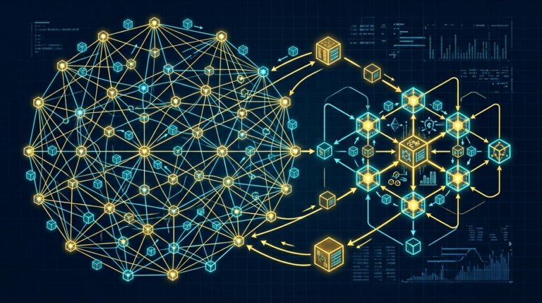illustration showing a distributed node network relaying transactions and validating blocks across many connected machines