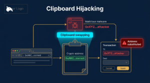 illustration of clipboard hijacking malware silently replacing a crypto address during a transaction on a navy background