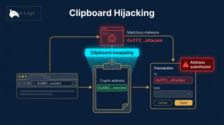 illustration of clipboard hijacking malware silently replacing a crypto address during a transaction on a navy background