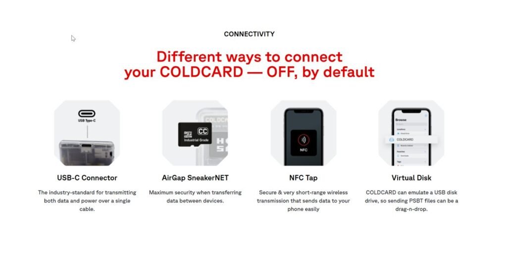Coldcard MK4 hardware wallet connectivity options including USB-C, NFC tap, air gap SneakerNet, and virtual disk transfer