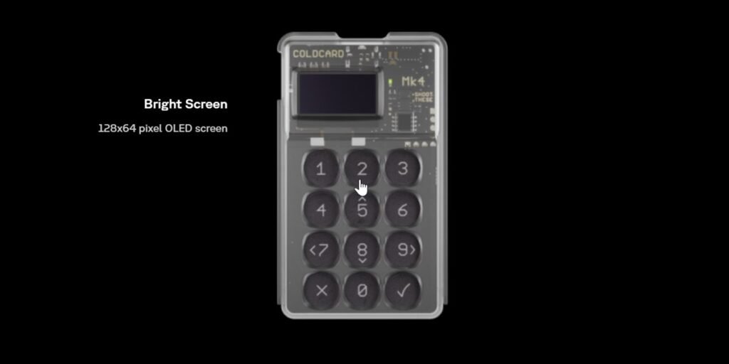 Coldcard MK4 hardware wallet with keypad and OLED screen used for secure Bitcoin cold storage