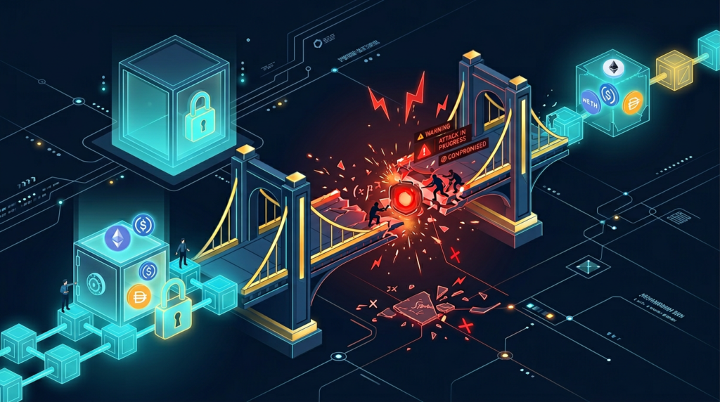 illustration showing a compromised cross-chain crypto bridge between two blockchains with locked assets and broken verification