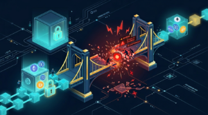 illustration showing a compromised cross-chain crypto bridge between two blockchains with locked assets and broken verification