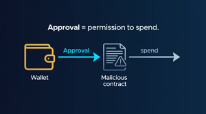 diagram showing token approval flow wallet approves spender contract then contract can transferFrom tokens on navy fintech background