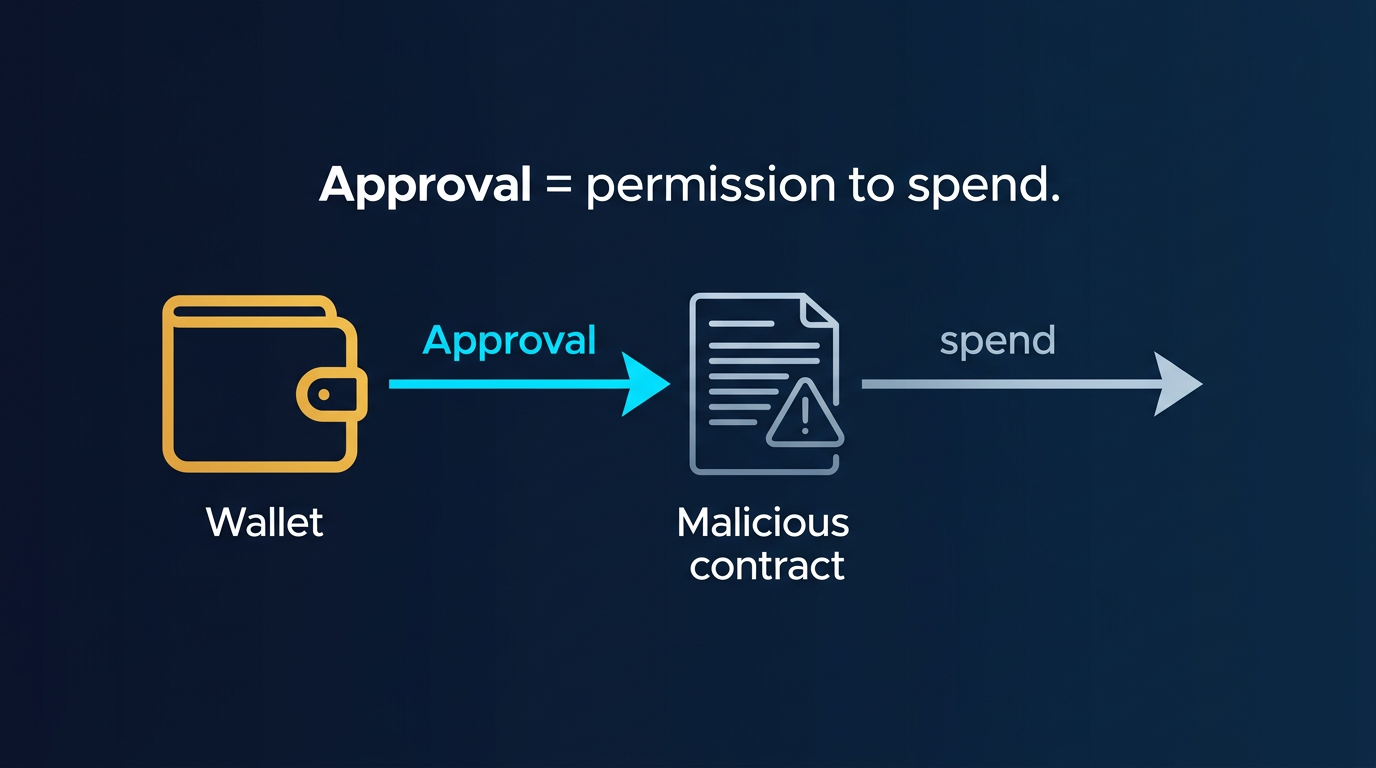 diagram showing token approval flow wallet approves spender contract then contract can transferFrom tokens on navy fintech background