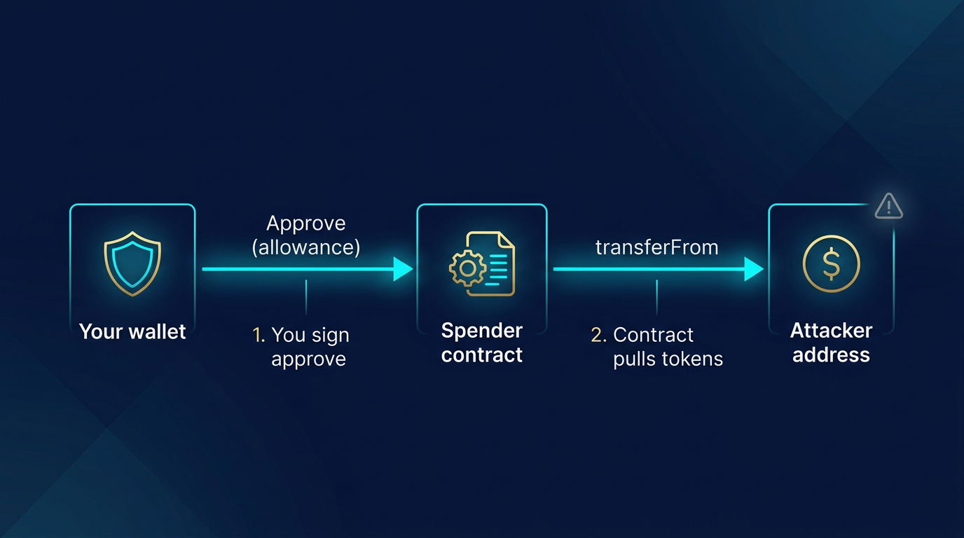 diagram showing token approval flow: wallet approves spender contract then contract can transferFrom tokens