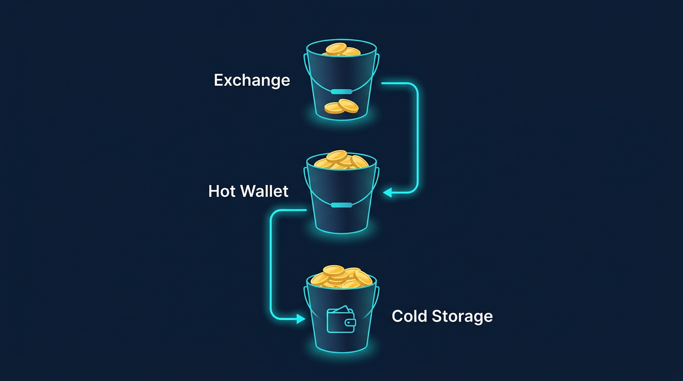 Crypto custody three-bucket model diagram showing exchange, hot wallet, and cold storage buckets for different crypto balances