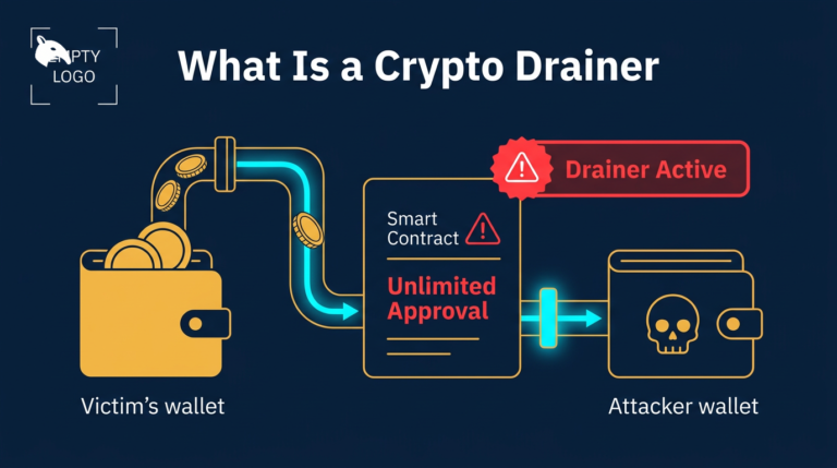 illustration of a crypto wallet drainer attack with token approval and malicious contract on a navy background